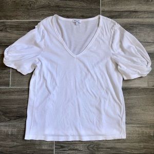 SPLENDID White V-Neck Cotton T-Shirt with Puff Knot Sleeves - Size XS